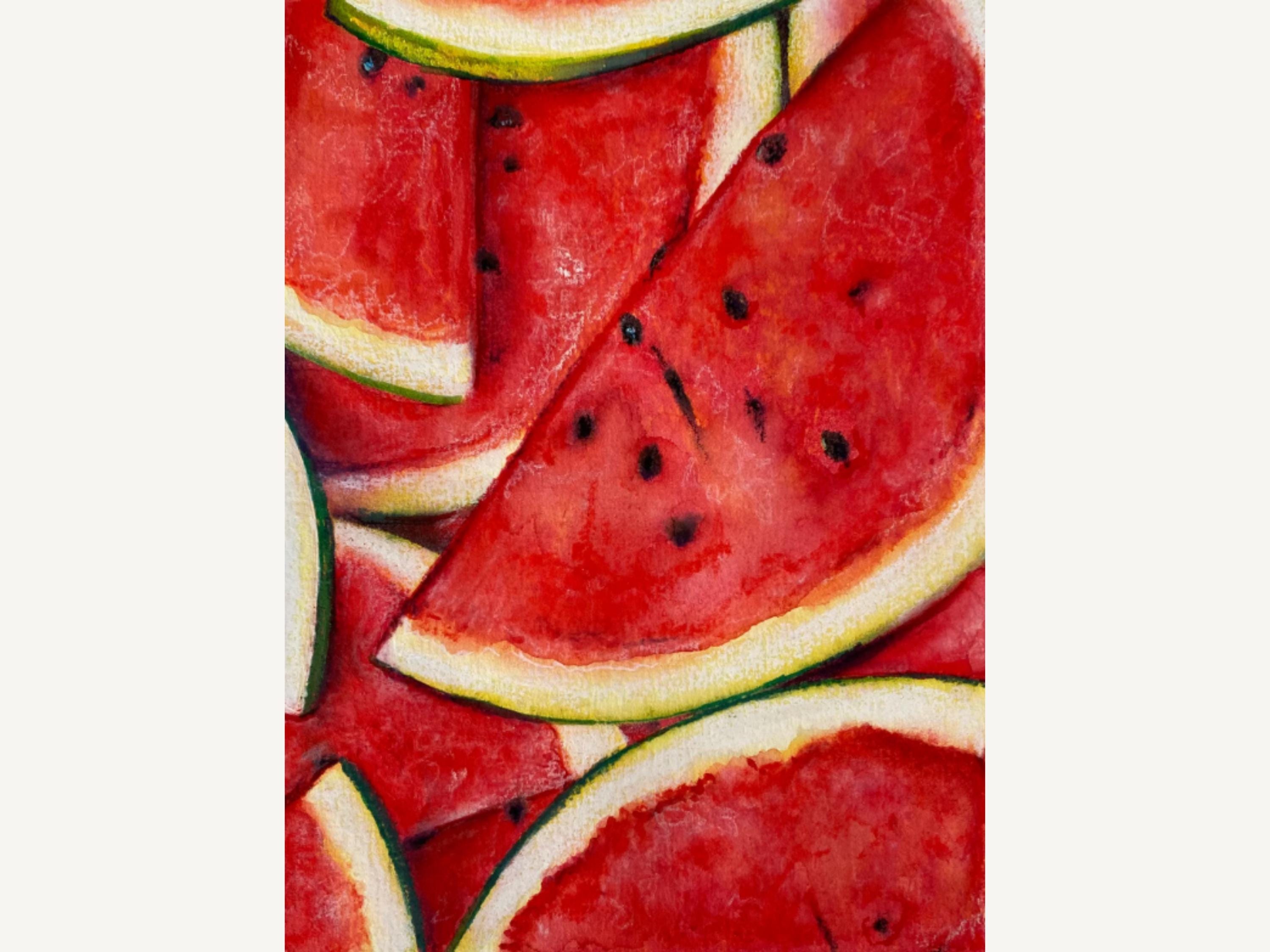 スイカのスライスのオリジナル絵画、リアルな夏のフルーツアート