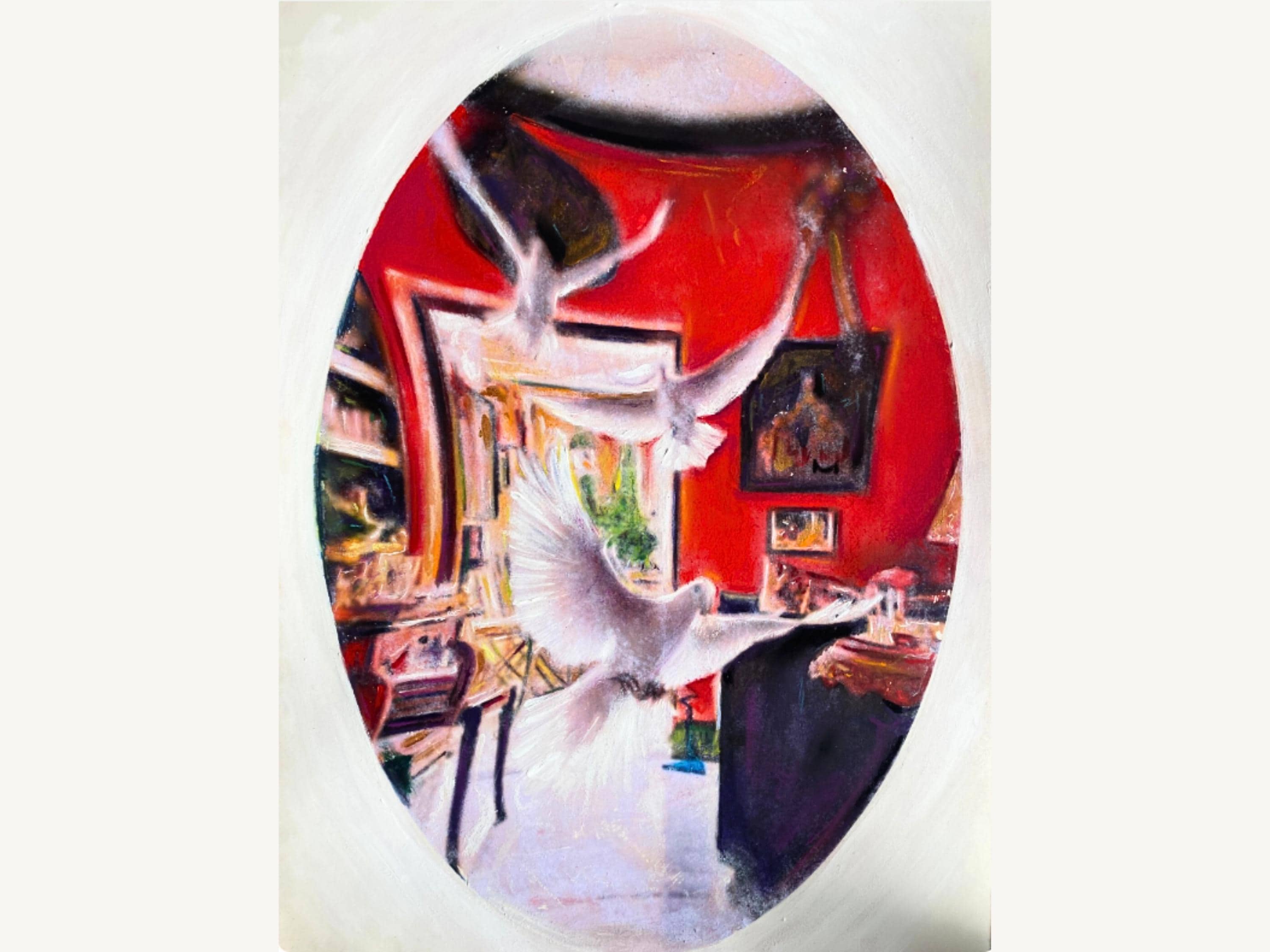 Surreal White Dove Painting, Oval Mixed Media Original Artwork