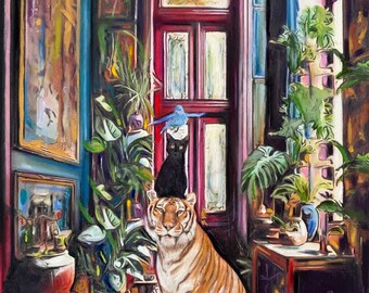 Kids room decor, art for home, tiger, cat art, blue bird, surreal art, fantasy art, colorful painting, animal lover art, original artwork