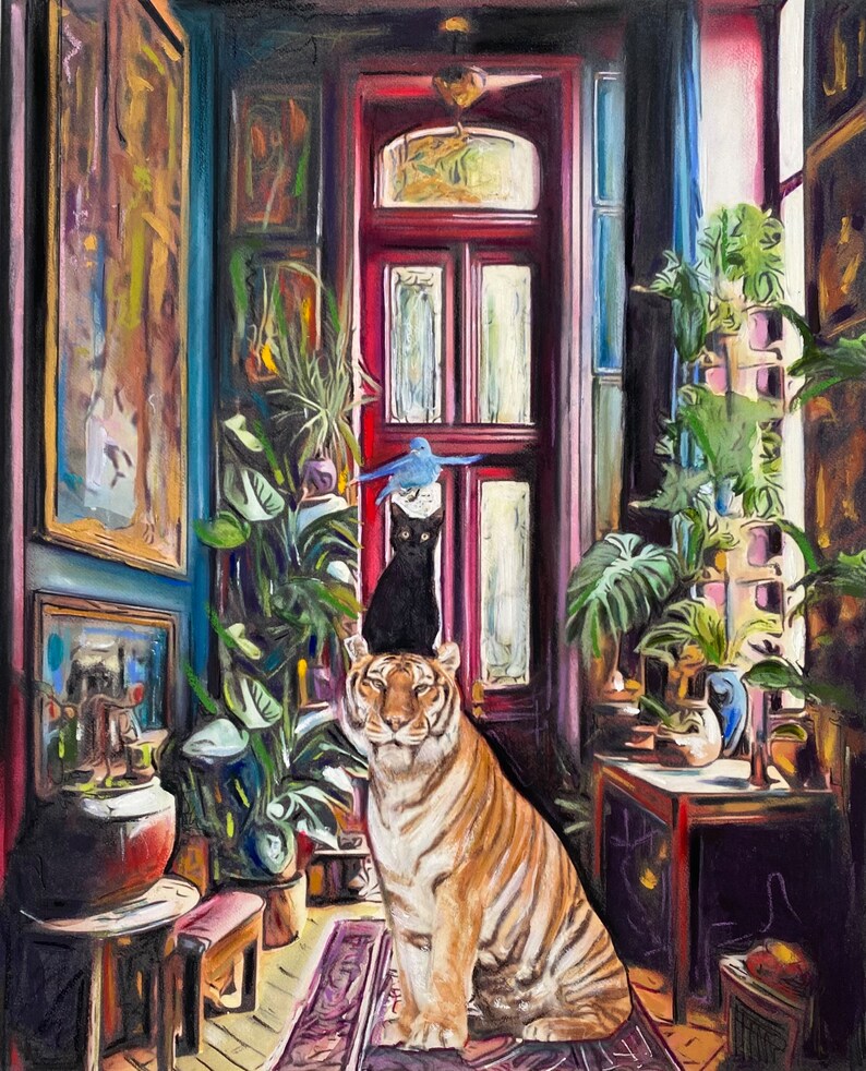 Décoration de chambre d'enfant, oeuvre d'art pour la maison, tigre, art de chat, oiseau bleu, art surréaliste, art fantastique, peinture colorée, art pour amoureux des animaux, oeuvre d'art originale image 1