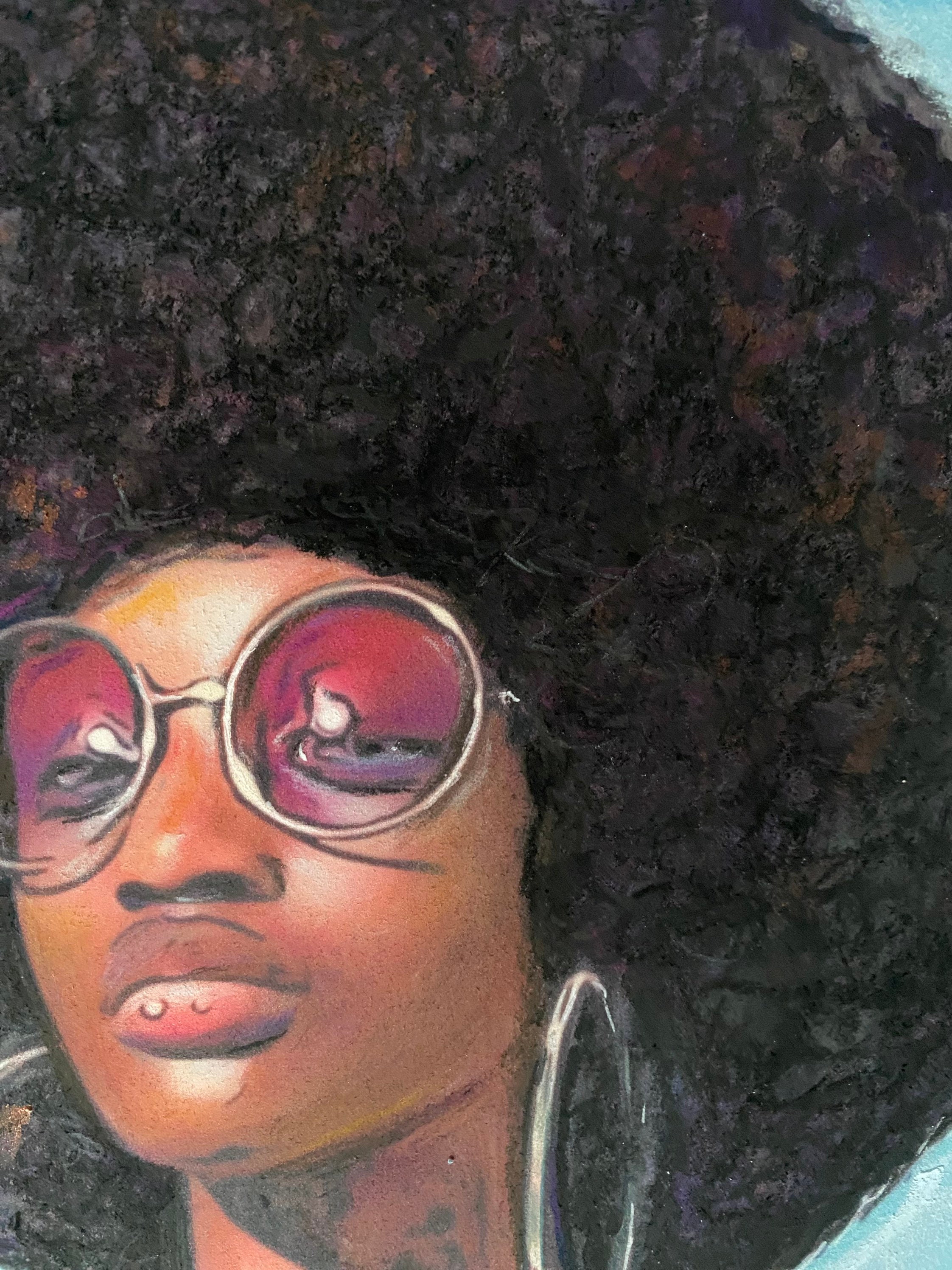 オリジナルのアフロ女性の絵画、サングラスをかけた比喩的な肖像画、A4