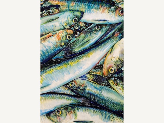 オリジナルのイワシの魚の絵画、沿岸海洋アート、シルバーブルーの魚の