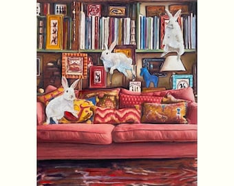 Bunny Painting: Whimsical Couch Surfing, Original Spring Wall Art