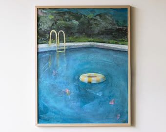 Originele collagekunstwerken, zwembadkunst op canvas, abstract figuratief collageschilderij, gemengde techniek met textuur