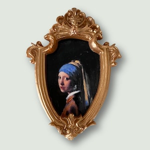 Miniatura de La ragazza con l'orecchino di perla, dipinto originale con cornice, opera d'arte in bronzo Little Gem, ritratto classico dipinto a mano, piccola opera d'arte unica