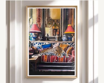 Leopard on Sofa Art Print, Maximalist Jungle Cat Wall Art, Bold Animal Giclée Poster, Eclectic Boho Interior Decor, Statement Fine Art