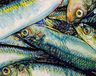 油彩画 魚の群れ オリジナルのイワシの魚の絵画、沿岸海洋アート、シルバーブルーの魚の