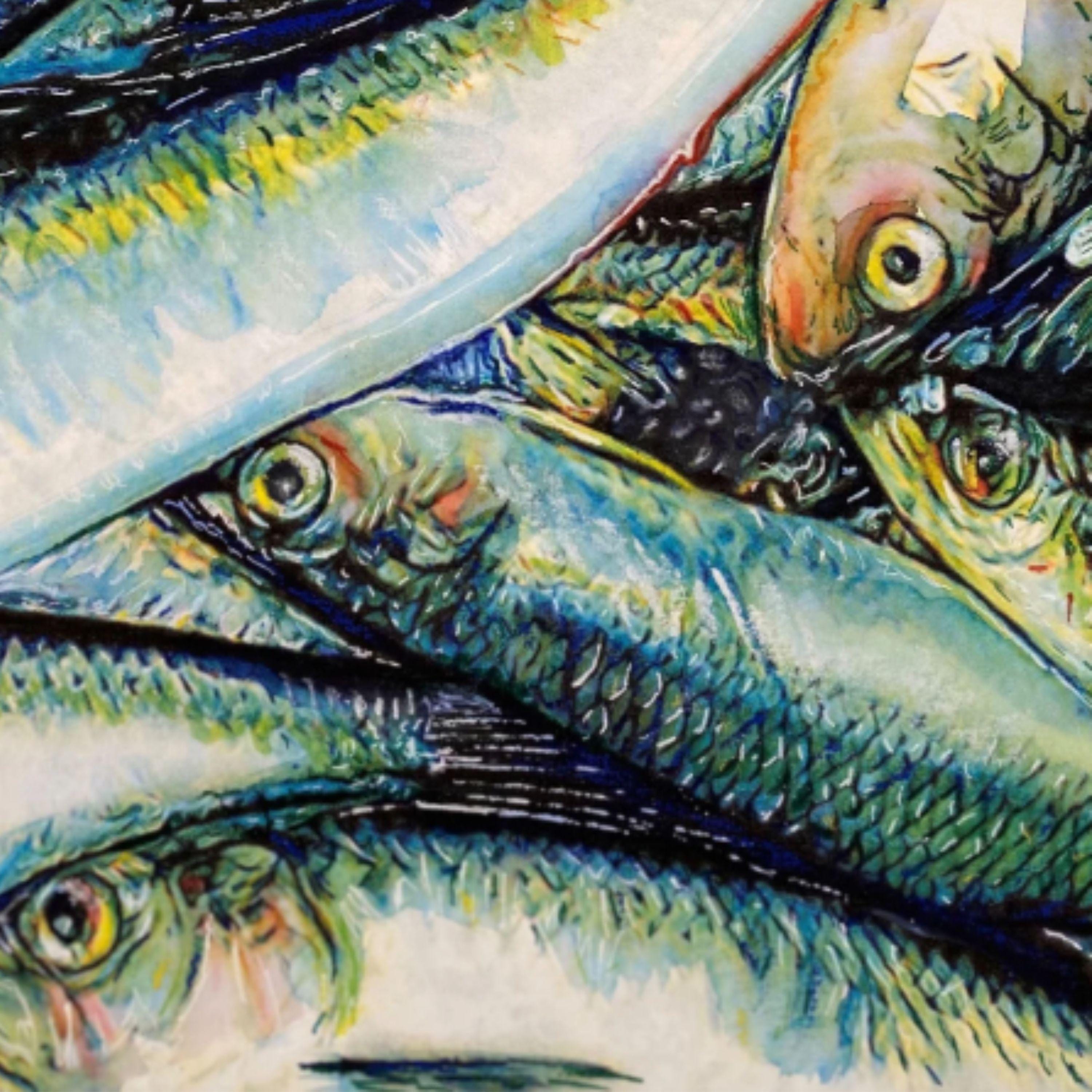オリジナルのイワシの魚の絵画、沿岸海洋アート、シルバーブルーの魚の