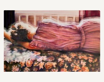 Original Watercolor Painting, Figurative Woman Reclining in Floral Bed Scene, A3 Portrait Artwork, Hand-Painted Contemporary Wall Art