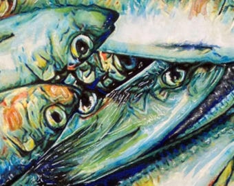 オリジナルのイワシの魚の絵画、沿岸海洋アート、シルバーブルーの魚の
