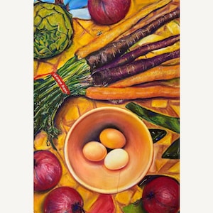 Original Still Life Painting with Vegetables and Eggs, Bold Colorful A3 Artwork, Farm-to-Table Kitchen Wall Art for Modern Rustic Homes.
