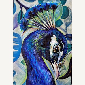 Original Peacock Painting: A3 Bird Artwork, Blue & Green Wall Art
