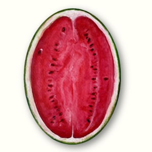 Original Watermelon Painting on Oval Canvas, Bold Summer Fruit Art, Acrylic Still Life by Maria Titan, Colorful Tropical Kitchen Wall Decor
