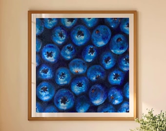Blueberries Wall Art Print, Square Kitchen Decor, Realistic Food Artwork, Fine Art Giclée Poster for Dining Room, Breakfast Nook, or Airbnb
