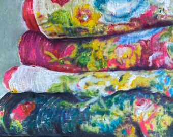 花柄カンタキルト絵画、紙に描かれた超写実的なファブリック