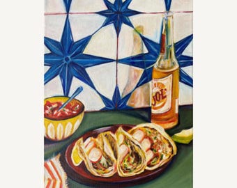 Original Tacos and Beer Painting on Canvas, Realistic Mexican Food Art, Bar and Kitchen Decor, Unique Collectible Artwork for Food Lovers