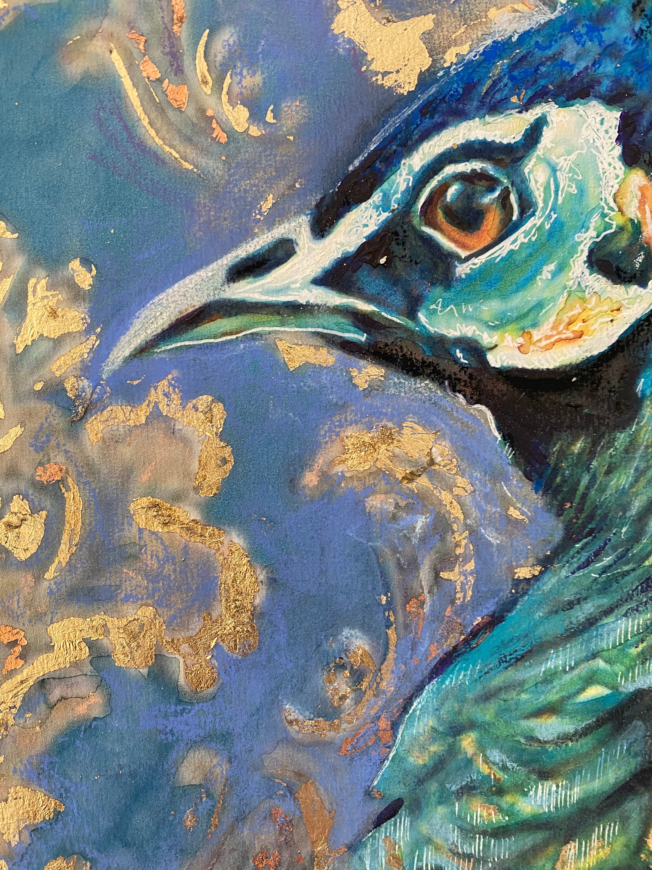 孔雀の絵画、A3ミクストメディア金箔鳥アート紙、鮮やかなエキゾチック