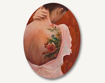 Boudoir Painting, Female with Tatoo Figurative Art, Original Oval Canvas Panel Portrait, Sensual Contemporary Hand-Painted Woman Artwork