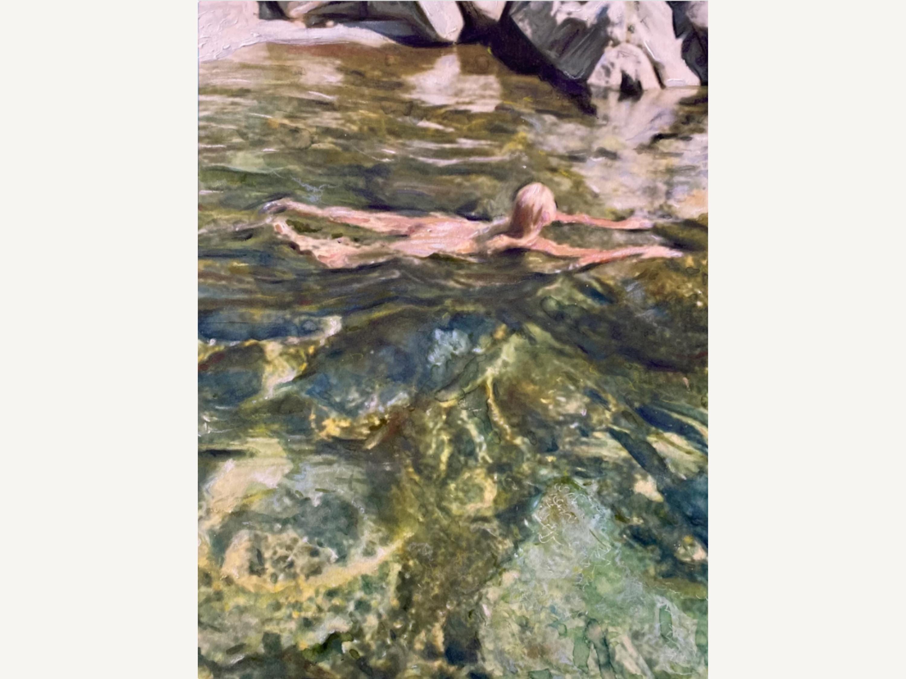 Original Swimming Painting – Realistic Figure in Water – 'Skinny Dipping' by Maria Titan – Nature Nude Wall Art