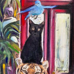 Décoration de chambre d'enfant, oeuvre d'art pour la maison, tigre, art de chat, oiseau bleu, art surréaliste, art fantastique, peinture colorée, art pour amoureux des animaux, oeuvre d'art originale image 4