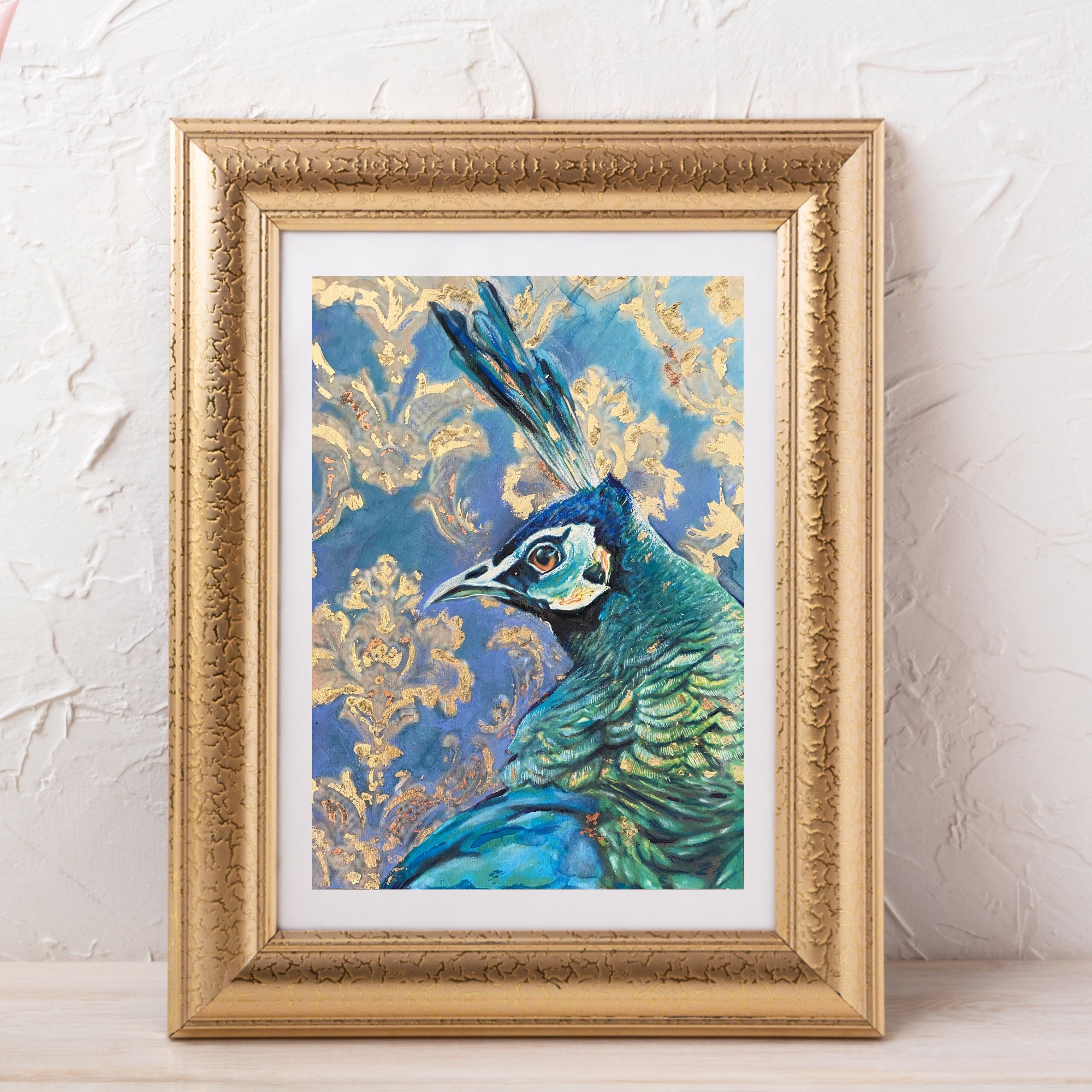 孔雀の絵画、A3ミクストメディア金箔鳥アート紙、鮮やかなエキゾチック