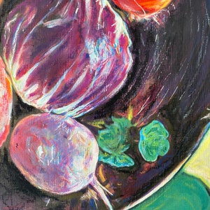 Original still life painting, bowl of vegetables, food art, original art, acrylic, colorful painting, home decor, gift for her, wall art image 3