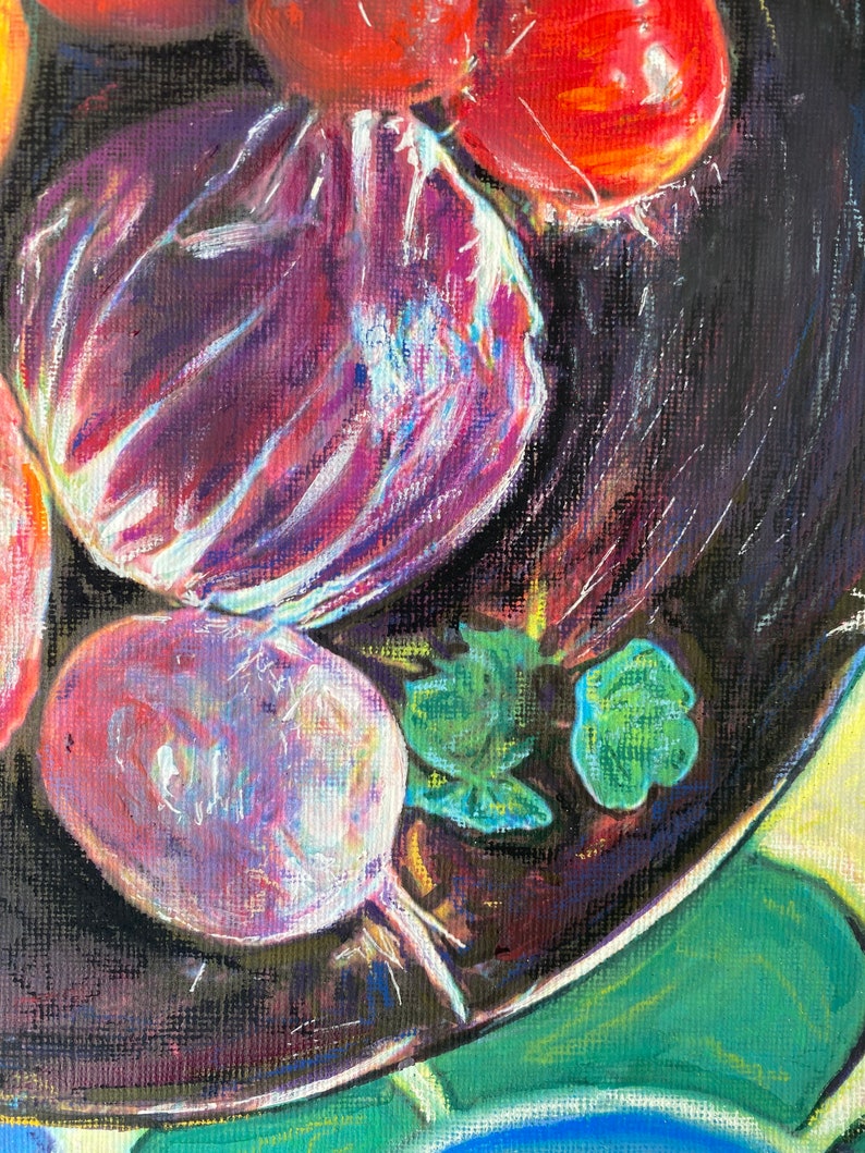 Original still life painting, bowl of vegetables, food art, original art, acrylic, colorful painting, home decor, gift for her, wall art image 3