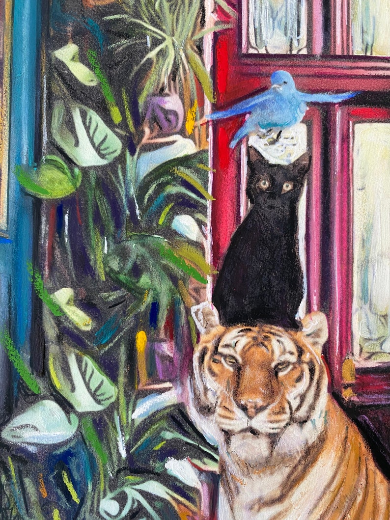 Décoration de chambre d'enfant, oeuvre d'art pour la maison, tigre, art de chat, oiseau bleu, art surréaliste, art fantastique, peinture colorée, art pour amoureux des animaux, oeuvre d'art originale image 5