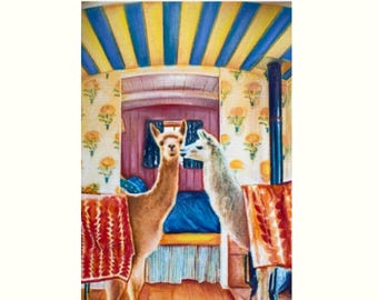 Whimsical Llama Painting: Original Mixed Media Animal Art, Boho Decor