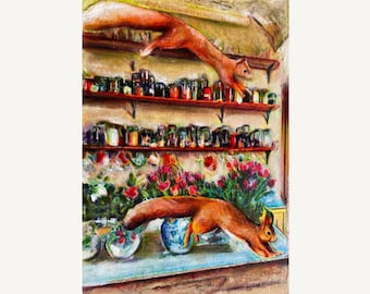 Original Squirrel Painting: Whimsical Mixed Media Animal Art