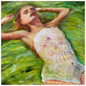 Dipinto figurativo originale, opera d&#39;arte di una donna sottomarina, acrilico realistico e audace su tela, serie di acque al neon in bronzo verde, opera d&#39;arte sottomarina