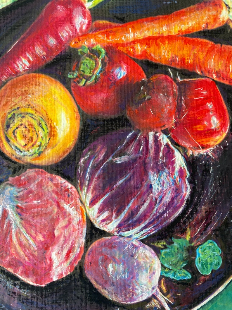 Original still life painting, bowl of vegetables, food art, original art, acrylic, colorful painting, home decor, gift for her, wall art image 2