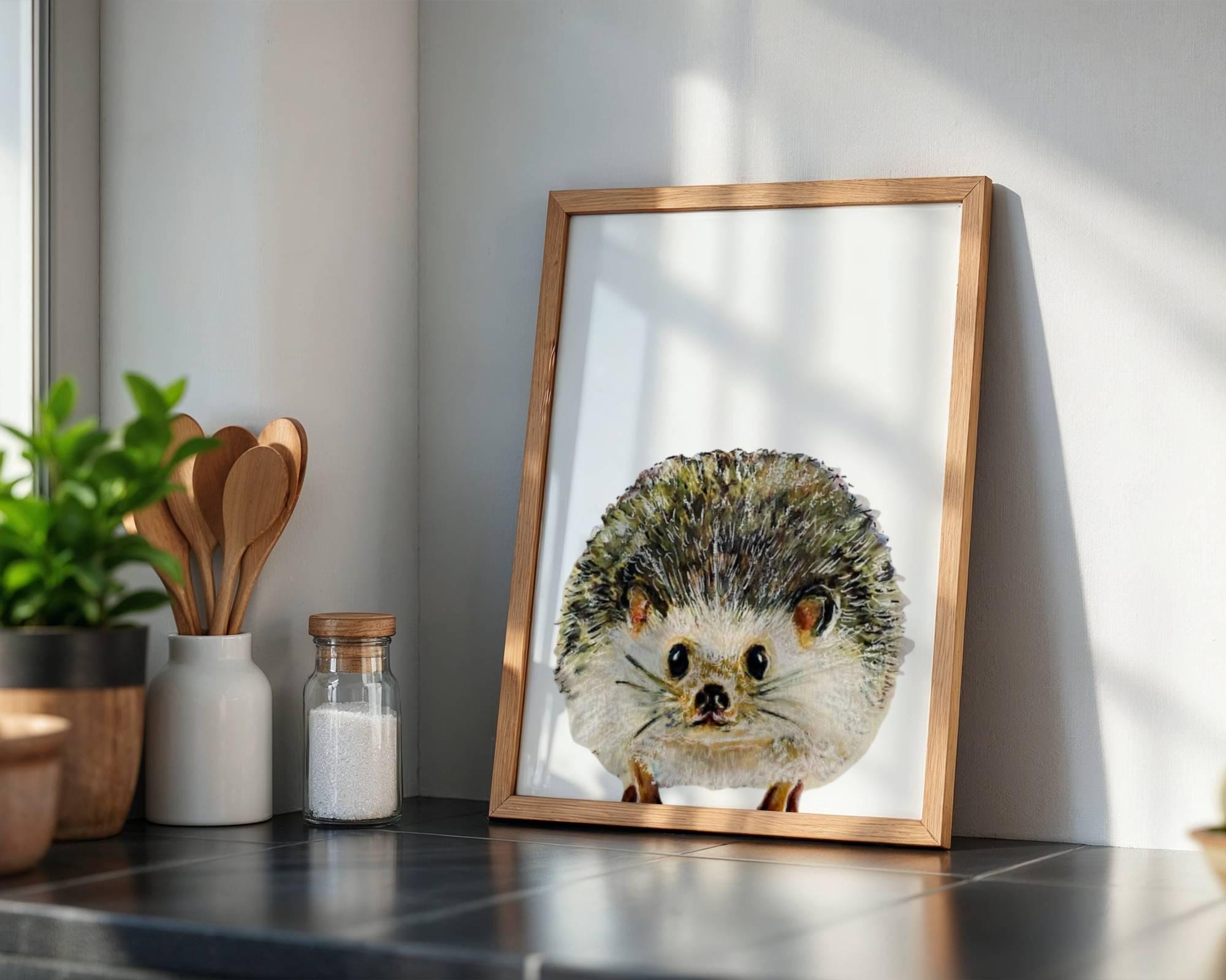【ドイツ】ミニチュア　絵画　ハリネズミ Original Hedgehog Painting for Kids Room, Cute Woodland Animal