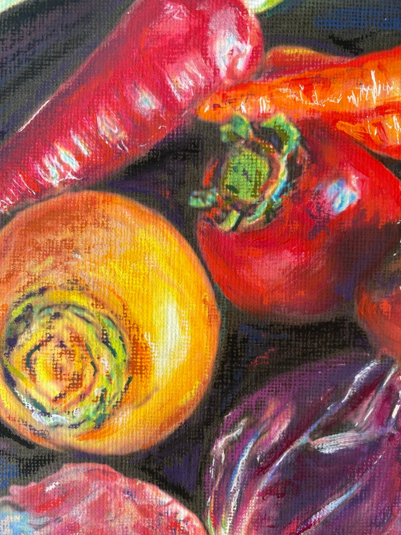 Original still life painting, bowl of vegetables, food art, original art, acrylic, colorful painting, home decor, gift for her, wall art image 5