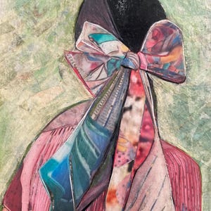 Colorato collage di carta strappata raffigurante una donna con motivi romantici, originale collage di carta, perfetto per l'arredamento del soggiorno o della camera da letto.