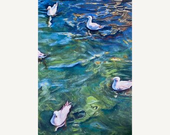 Akvarellmålning av anka, original fågelkonst, dammscen, naturkonstverk, handmålad ankillustration på högkvalitativt papper