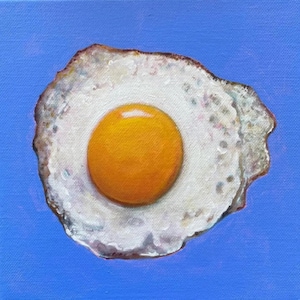 Fried Egg Painting on Blue, Original Acrylic Food Art, Realistic Egg Canvas, Funny Kitchen Decor, Small Square Wall Art Unframed