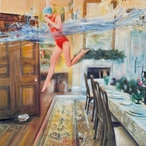 Dipinto originale di nuotatore surreale – Ritratto in camera del realismo magico – 'Go For It!' di Maria Titan