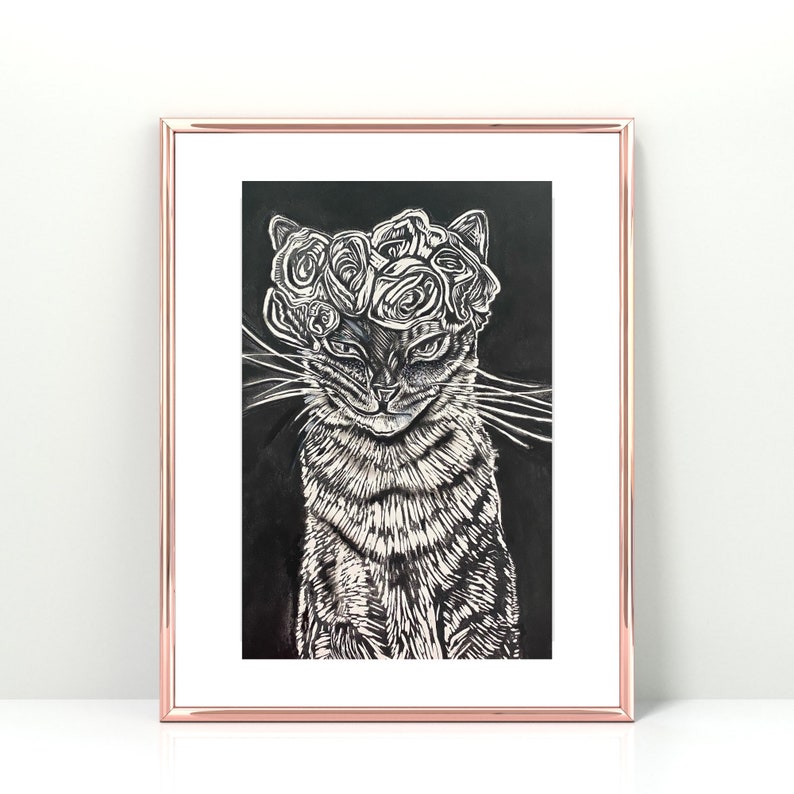 Cat print, cat with flowers, funny cat, cat art, Lino cat art, original art, gift for cat lover, gift for her, art for home, home decor, cat image 9