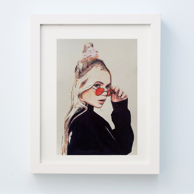 May include: A painting of a woman with blonde hair wearing a black turtleneck sweater and red heart-shaped sunglasses. She is looking to the side and has a pink hair tie in her hair.