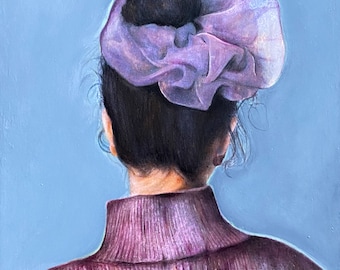 Original painting of woman with purple sweater and scrunchie, classical portrait, ready to hang, art on wood panel, free shipping, wall art