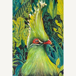 Original green bird painting, tropical turaco art on A3 canvas paper, bold green parrot wall decor, exotic animal artwork for home or gift
