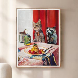¡Sorpresa! – Impresión artística de gato y mapache divertidos / Arte mural caprichoso / Impresión giclée para cocina / Póster de animales traviesos
