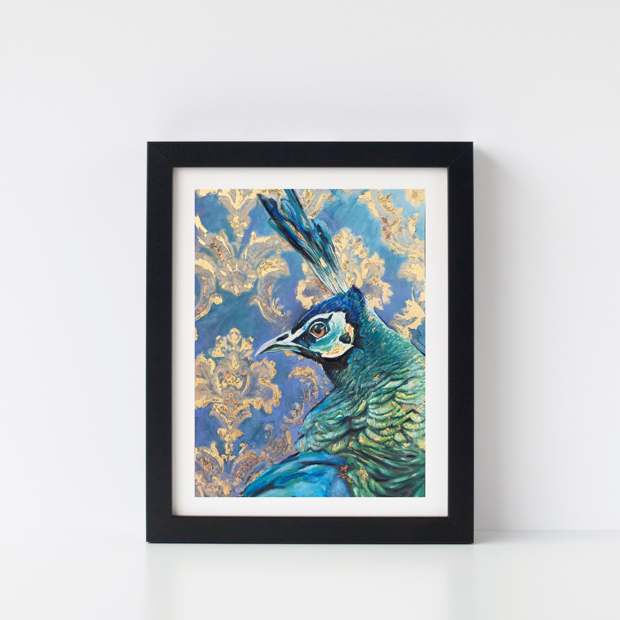 孔雀の絵画、A3ミクストメディア金箔鳥アート紙、鮮やかなエキゾチック