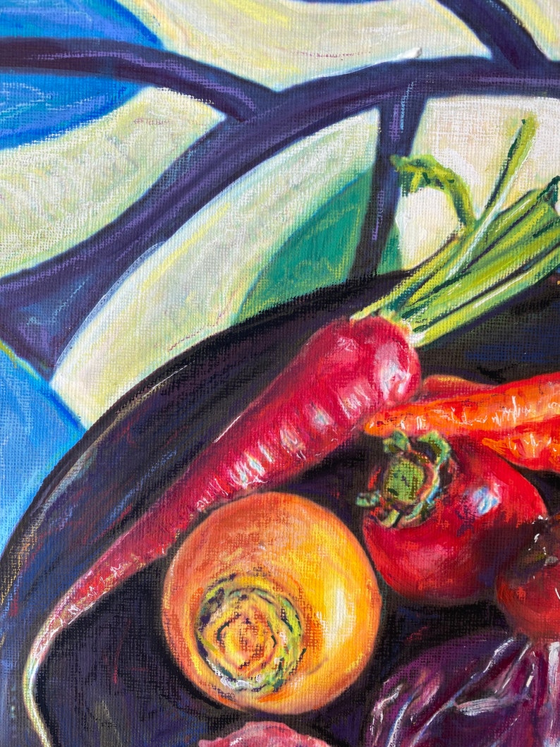 Original still life painting, bowl of vegetables, food art, original art, acrylic, colorful painting, home decor, gift for her, wall art image 4