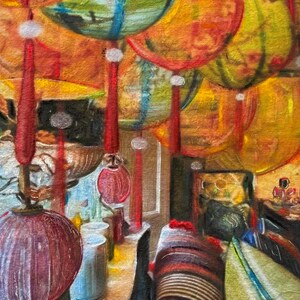 Painting of room with lantern, home art, one of a kind wall art, Chinese New Year painting, original art, free delivery, maximalist art