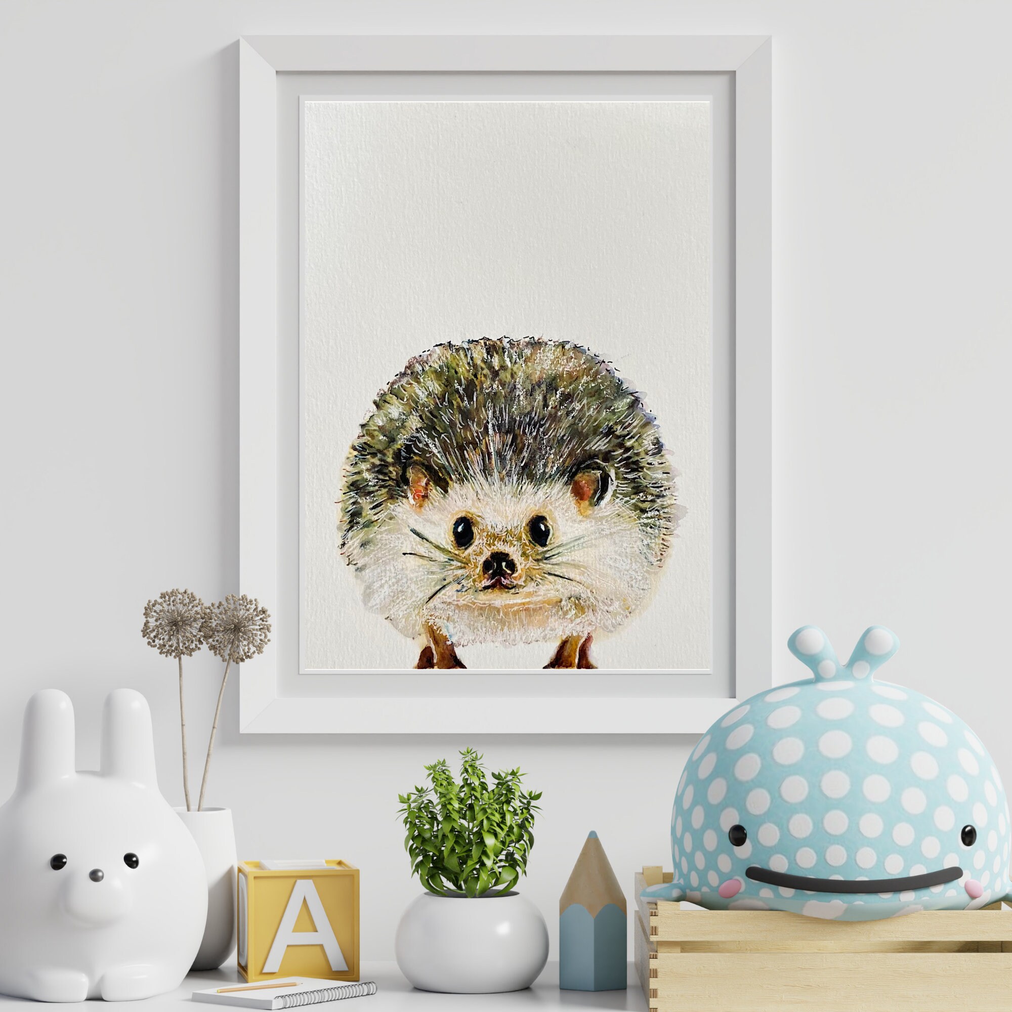 Original Hedgehog Painting for Kids Room, Cute Woodland Animal