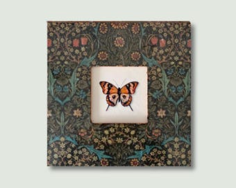 Miniature Original Painting, Framed Butterfly Art, Small Nature Collectible Artwork, Hand-Painted Original in William Morris Style Frame