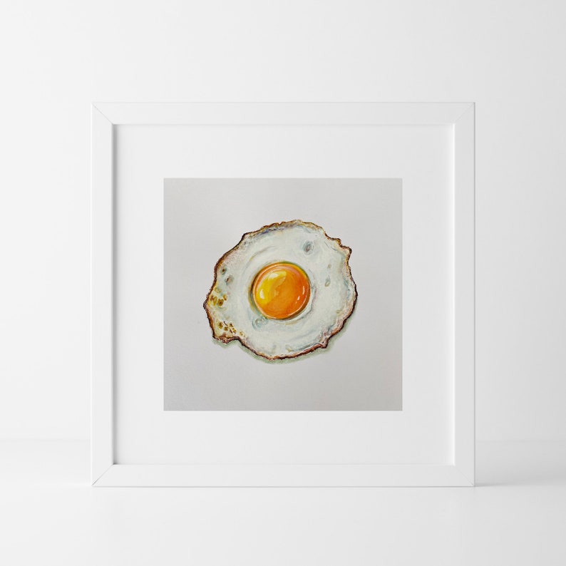 original painting, fried egg painting, sunny side up egg artwork, mom gift, yellow white art, watercolour, kitchen art, realistic painting image 3