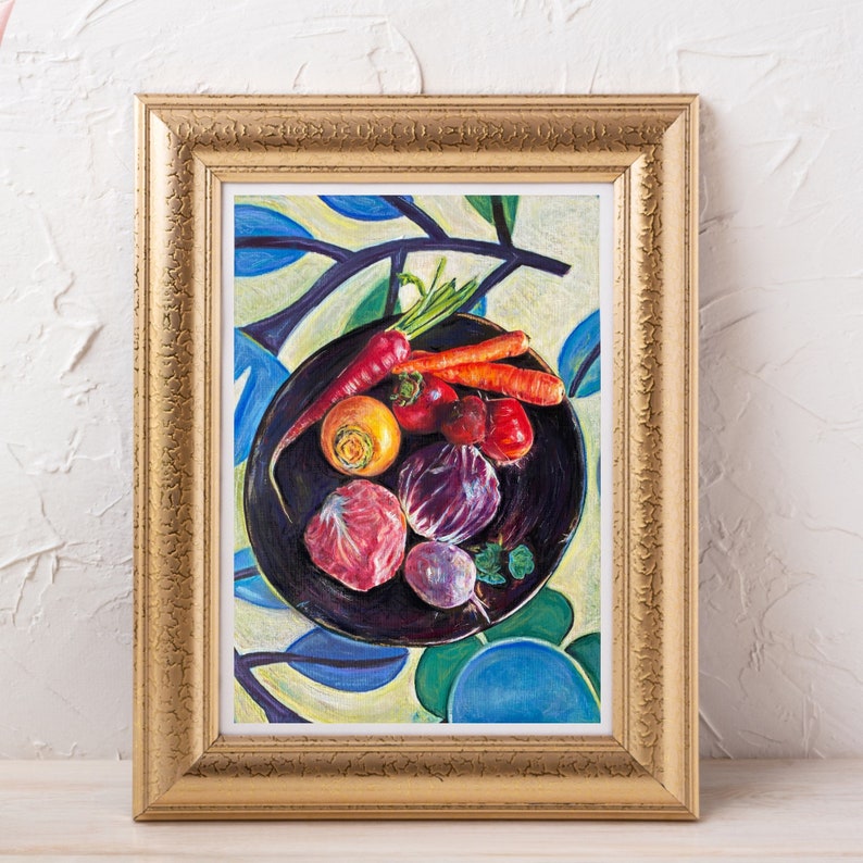 Original still life painting, bowl of vegetables, food art, original art, acrylic, colorful painting, home decor, gift for her, wall art image 6
